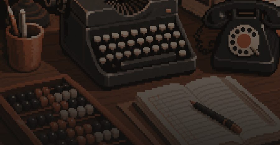 Máquina de escrever, telefone de disco e ábaco numa mesa antiga, em pixel art